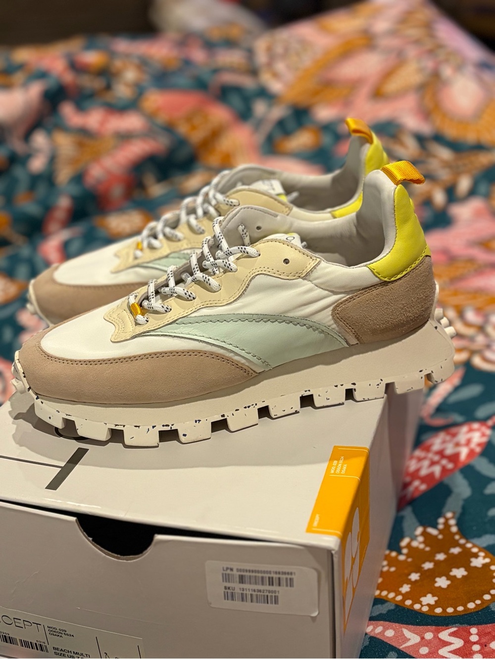 Oncept Women's White & Beige Sneakers with Pastel Mint and Yellow Accents - Picture 5 of 10
